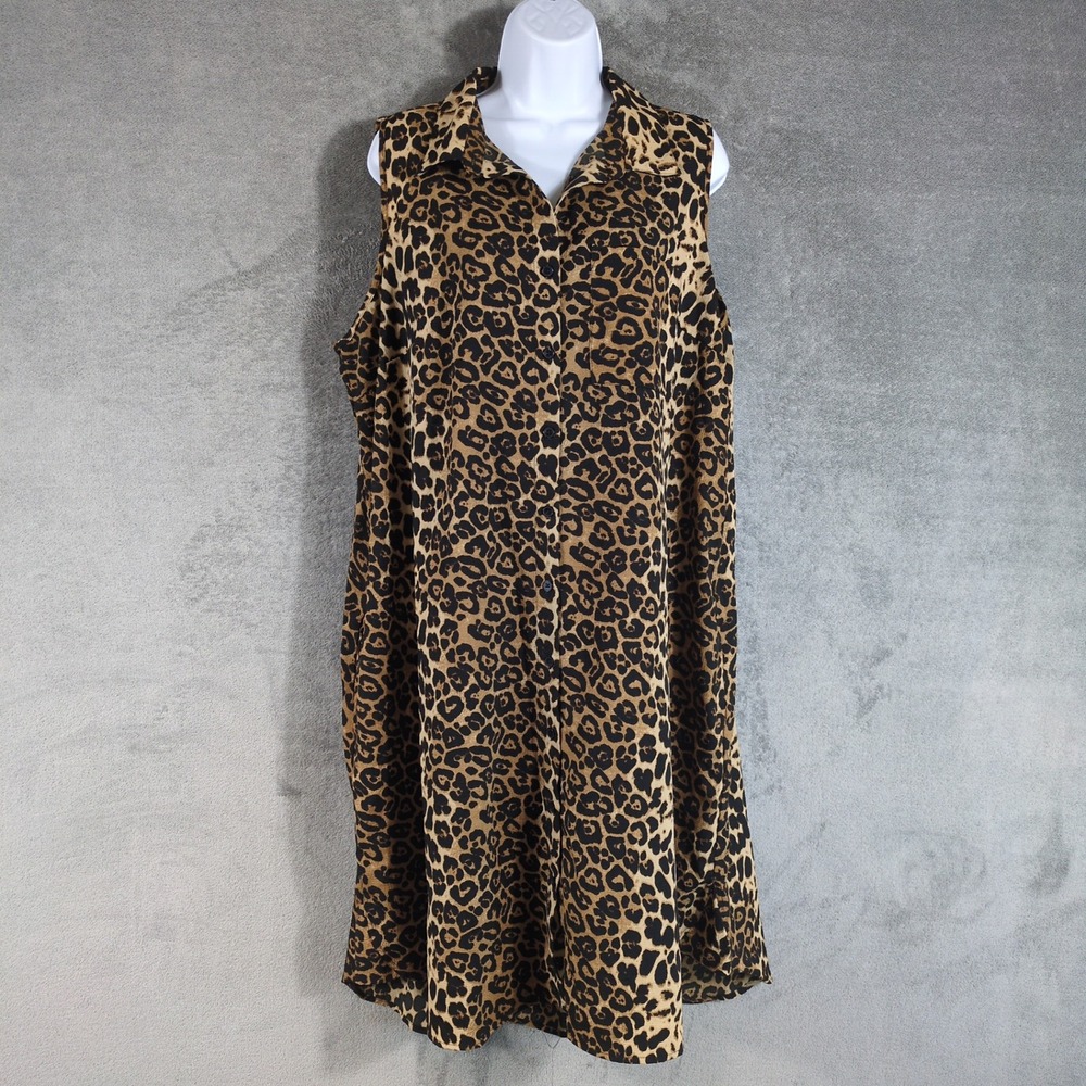 Williamsburg Womens 2X Leopard Print Sleeveless Button Down Shirt Dress Pockets